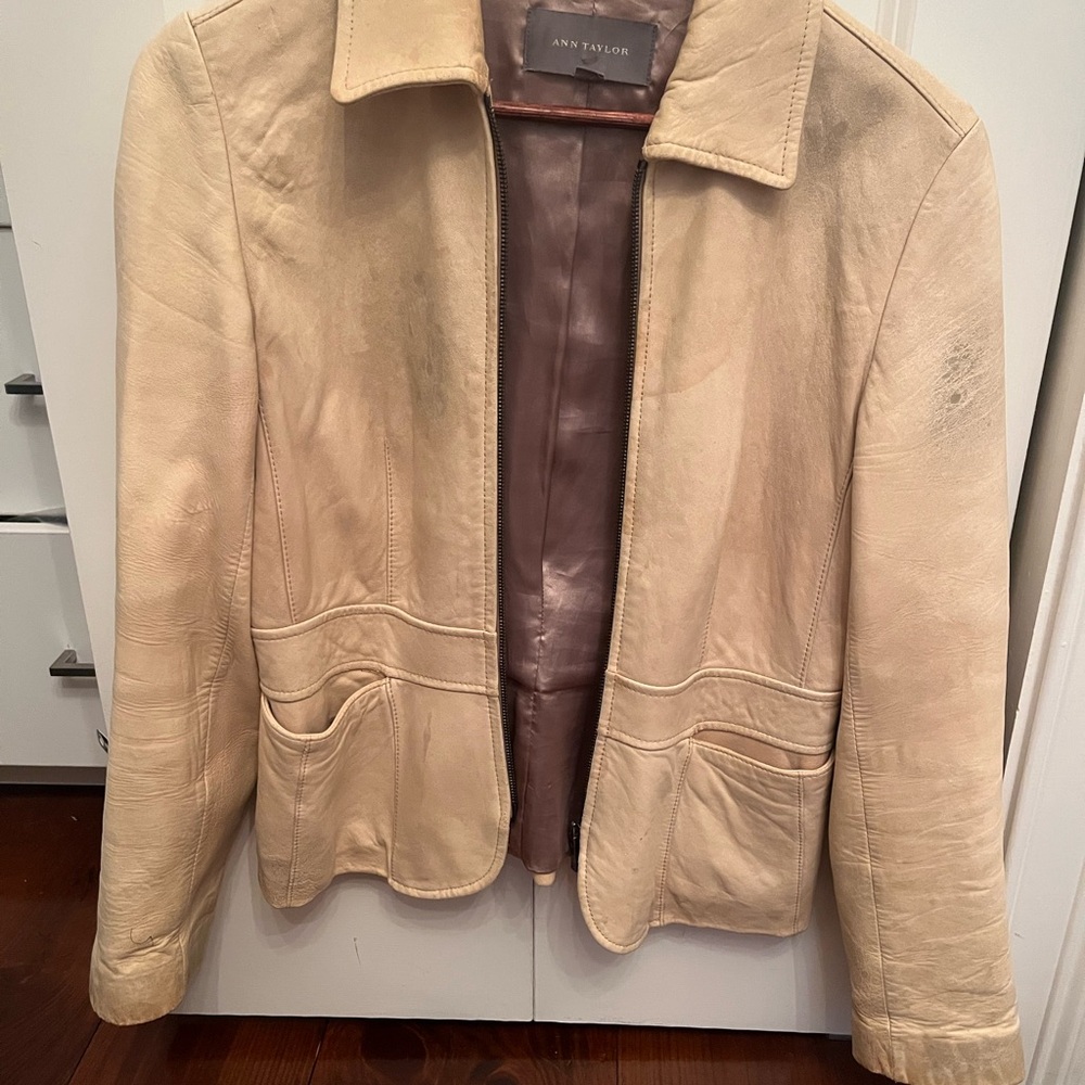 Ann Taylor Women's Cream Distressed Buttery Leather Jacket